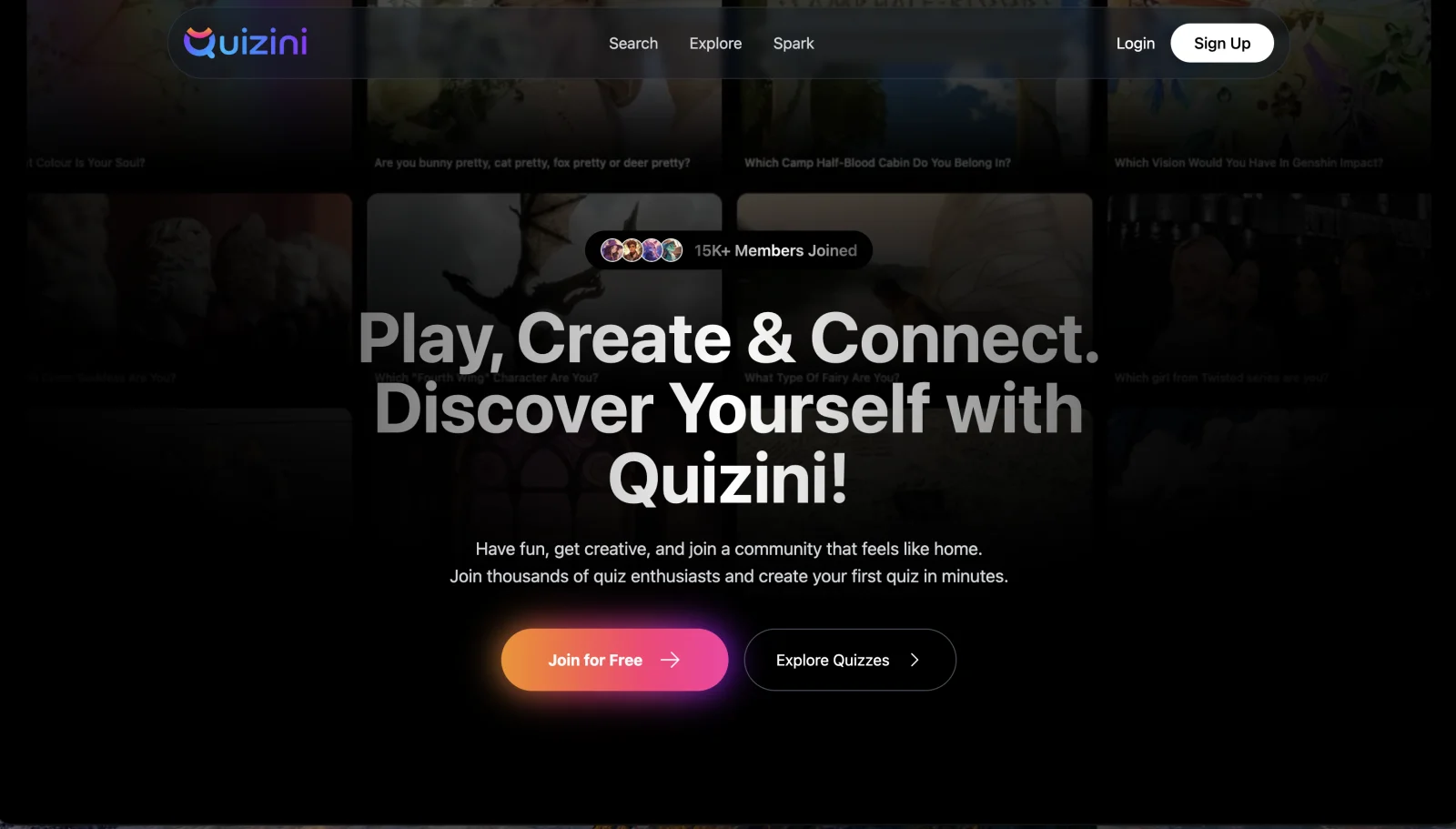 Quizini home with daily missions, challenges, leaderboard and trending quizzes