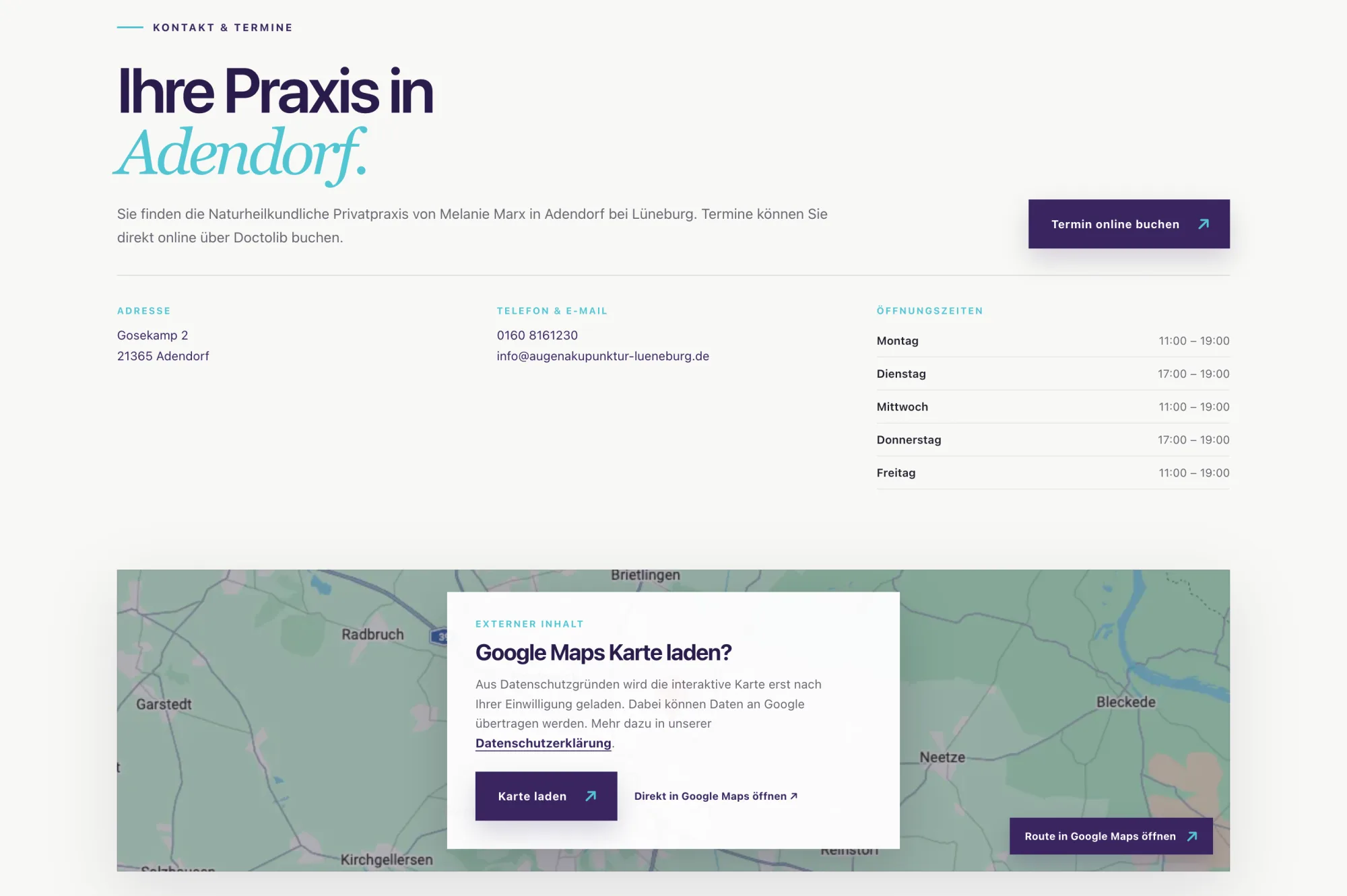 Contact section with address, opening hours and a consent based map